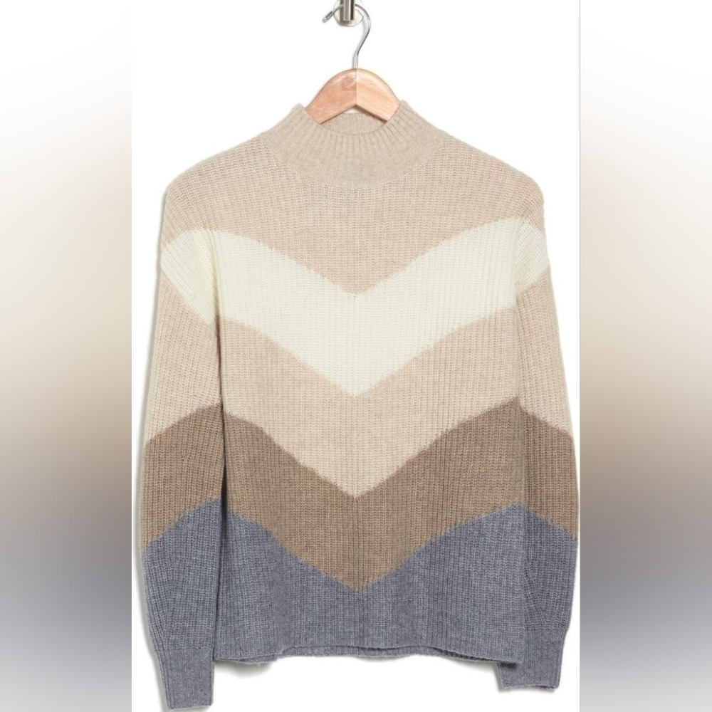 Griffen Chevron Mock Neck Wool & Cashmere Sweater Size XL cream, tan, blue